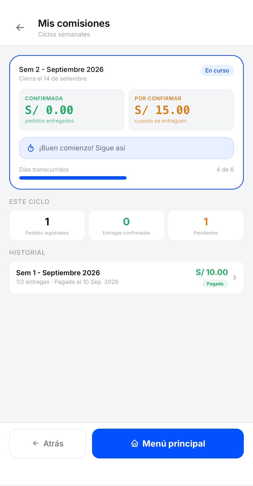 Ves el ciclo semanal en curso: confirmada, por confirmar, y tu historial