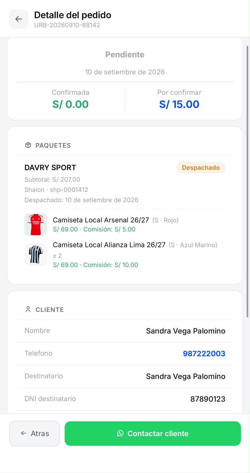Entras al detalle: productos, comisión por producto, y datos del cliente para contactarlo